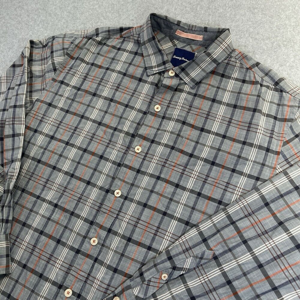 Tommy Bahama Shirt Men’s XL Grey W/ Orange White Tattersall Plaid Long Sleeve